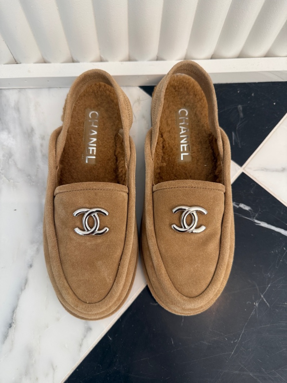 CHANEL Tan Suede Loafers with Silver CC Hardware - Picture 1 of 5